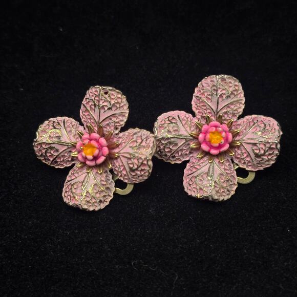 Arthur Pepper Pink Enamel Flower Earrings Clip On Vintage Floral - Picture 5 of 8